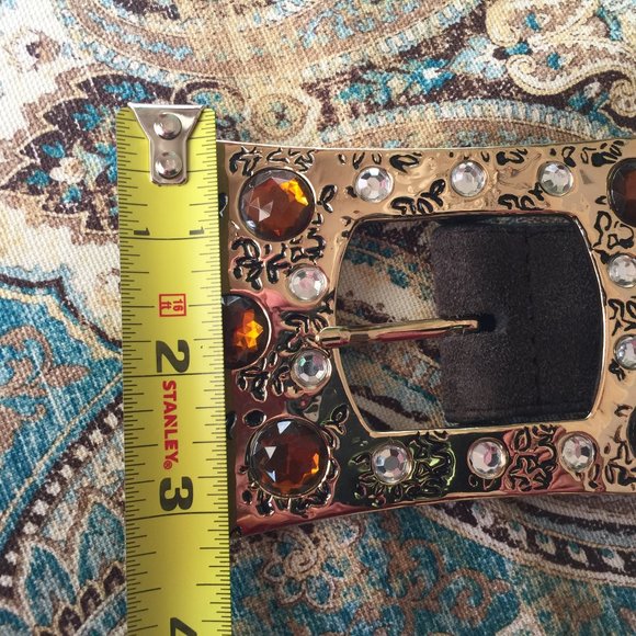 Vintage Statement belt Jeweled buckle suede leather belt M brown, amber, gold main image 8